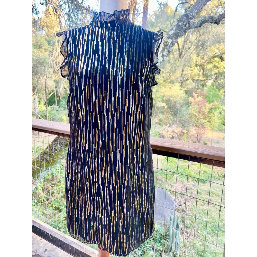 Alice & Trixie Angela George Silk Metallic Stripe Ruffle Neck Dress Black Gold S